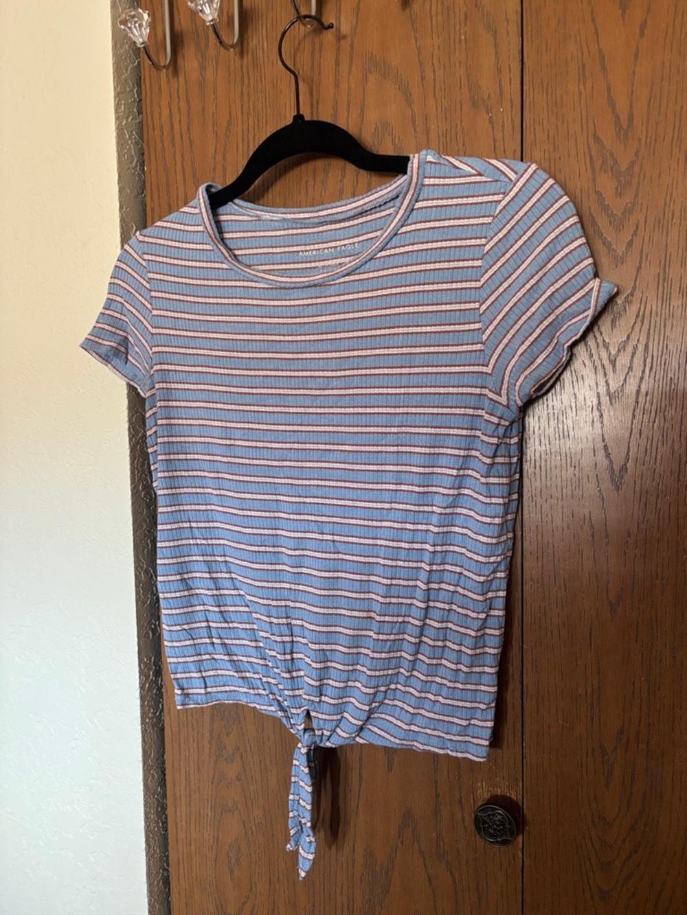 American Eagle Outfitters Blue & Red Striped Tie-Front Ribbed Crop Top